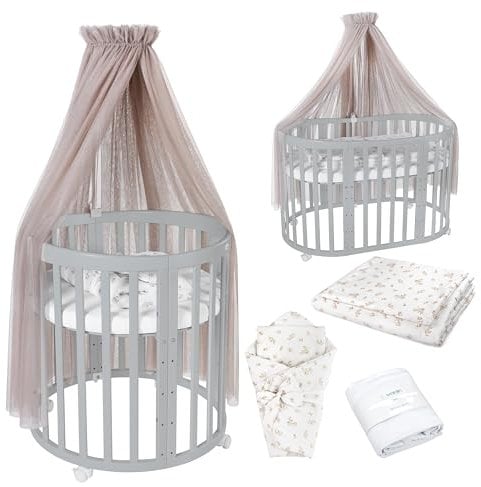 Waldin Oval Baby-Bett Mitwachsend Komplett Set 7in1, Gitterbett, Kinderbett mit Matratze, Wickelkommode, Beistellbett, Holz Grau, Stoffe Taupe Zweige
