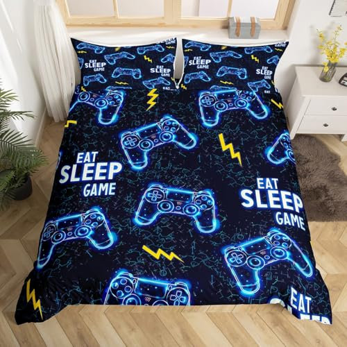 Loussiesd Gamer-Bettwäsche-Set für Einzelbett, Spielzimmer, Dekoration, Bettdeckenbezug für Jungen, Teenager, moderne Spielkonsole, Controller, Bettbezug, blau-schwarz, Tagesdecke, Raumdekoration,