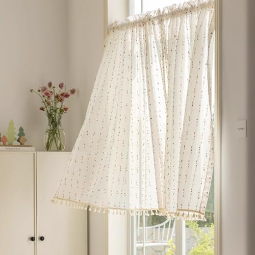 Boho-Vorhang mit Regenbogen-Pompon, durchscheinend, Kunstleinen, gestreift, Fensteraufsatz mit Quasten, Lichtfilterung, Kurze Vorhänge für Café/Badezimmer/Küche, Stangentasche, 2 Paneele (2 Stück