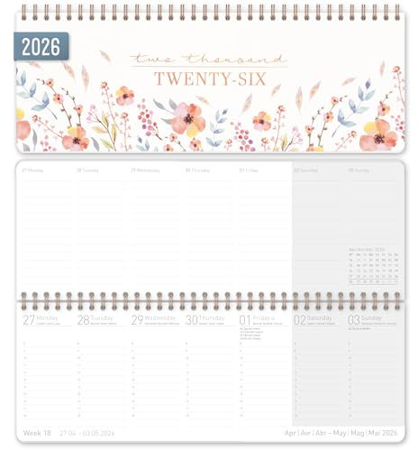 Häfft® Calendrier de bureau international 2026 horizontal Sweet Flowers 1 semaine 2 pages, 29,8 x 11,6 cm, multilingue - durable & respectueux du climat