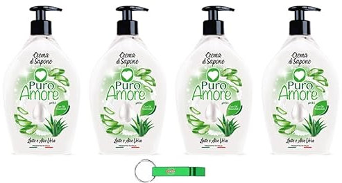 4x PURO AMORE Flüssigseife Seife Crema di Sapone - Seifencreme mit Milch und Aloe Vera - Weiche, Glatte und Samtige Haut 750 ml + Beni Culinari Kostenloser Schlüsselanhänger