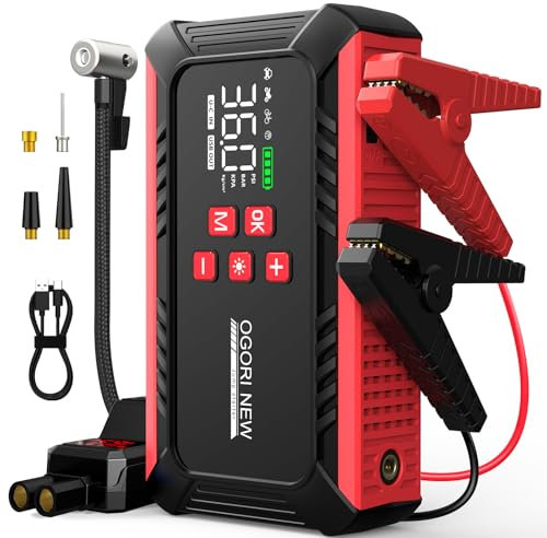 Booster Batterie Voiture 6000A,Demarreur Batterie Voiture,12V Démarreur de Voiture(8.0L Diesel/10.0L Gaz),Jump Starter Portable avec Compresseur Voiture, lumière LED,Pince Intelligente avec Écran