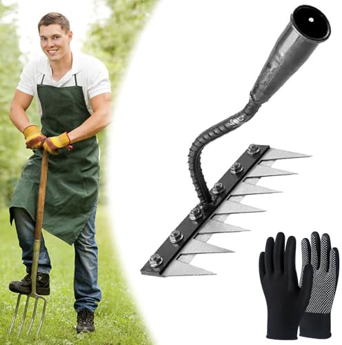 Rastrello in ferro per giardinaggio e diserbo, rastrello da giardino in acciaio al carbonio a 5/6/7/8 denti, rastrello per terreno resistente, rastrello da diserbo in ferro per giardinaggio (7 Teeth)