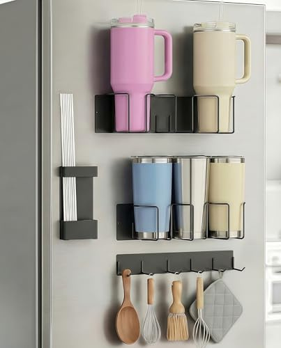 Strong Magnetic Cup Holder for Fridge, Fits Stanley 40/30/20 oz, Yeti & More, No-Drill Tumbler Organizer with Lid & Straw Storage, Kitchen & RV Space Saver(4-Piece Set)