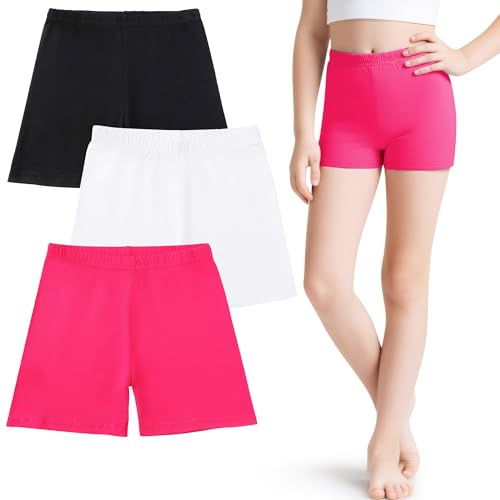 JinBei Shorts Cycliste Filles Coton Pantalons Courts Été, 5-16 Ans | Lot de 3, Été Leggings Court Enfants, Extensible, Respirant, Confortables, Ceinture Élastique, pour École, Loisirs, Sport