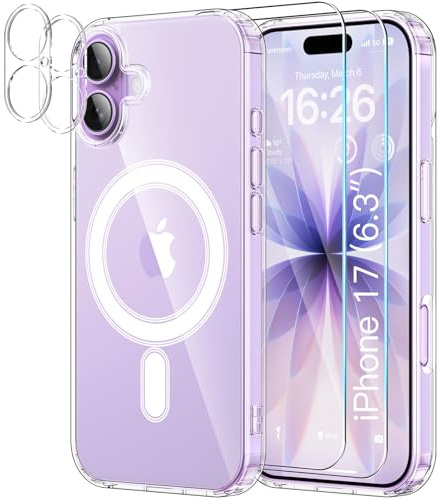YNMEacc 5 in 1 Magnetic for iPhone 17 Case 6.3-Inch with 2X Screen Protector + 2X Lens Protector, [Compatible with MagSafe] Slim Soft TPU Silicone Shockproof Anti-Scratch Phone Cover - Clear