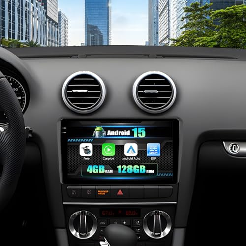 4+128GB Android 15 Autoradio für Audi A3/S3/RS3 2003-2013 mit Wireless Carplay & Android Auto, 9'' Incell Touchscreen mit Mirror Link EQ GPS WiFi Bluetooth FM/RDS SWC AHD-Rückfahrkamera+MIC