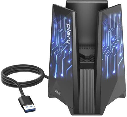 PLERY BE6500 USB WiFi 7 Adapter for Gaming 4K Streaming, Tri-Band 6500Mbps Wireless Dongle for Desktop PC with Type-C to USB 3.0, Driver-Free for Home Office & Entertainment, Support Windows 11/10