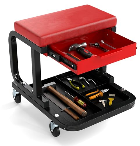 GOPLUS Tabouret Atelier à roulettes Charge 185 KG, Tabouret de Mécanicien avec 4 roulettes Pivotantes à 360°, Siège Rembourré, Tiroir Extensible et Plateau à Outils, pour Garage & Atelier (Rouge)