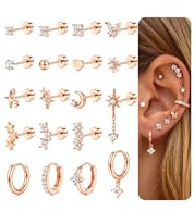 ORAZIO 19Pcs Helix Piercing Jewellery Flat Back Stud Hoops Earrings For Women Conch Piercing Tragus Cartilage Stainless Steel Earrings Rose Gold Set Gold Jewellery