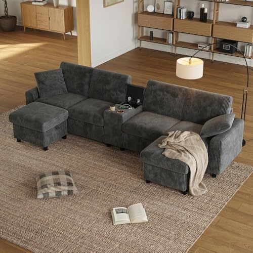 Bladez U-förmiges Cord Ecksofa mit Schlaffunktion & Bettkasten, USB und Type-C Anschlüssen,Modernes Modulare Sofas mit Chaiselongue,Wohnlandschaft Sofa Bed, für Wohnzimmer(Grau + 4 Sitzer)