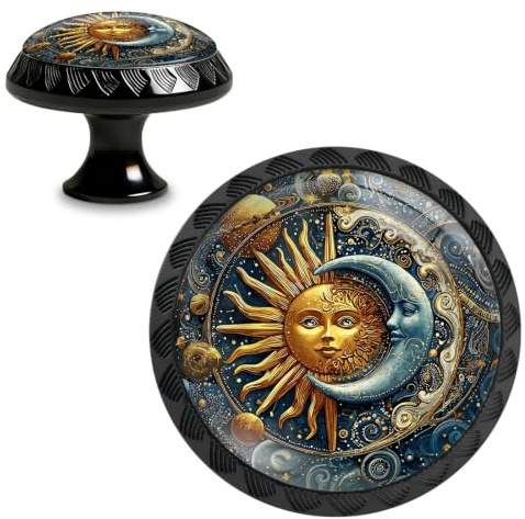 Yiruhe 4 Pack Sun and Moon in Cosmic Funny Kitchen Cabinet Knobs Crystal Glass Round Drawer Pulls for Dresser Cupboard Door Handles