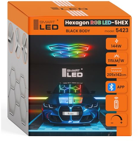 Hexagon LED Deckenlampe 205x142 cm – 24er Set Werkstattbeleuchtung 144W 16560lm – RGB – IP54 flimmerfrei – LED Garagenbeleuchtung, Tattoo, Detailing, Schwarz, APP, (205 x 142CM, RGB, 144W)