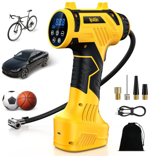 Compressore Aria Portatile Senza Fili – 150PSI/Min Compressore Aria | Mini Gonfiatore Pneumatici Batteria Ricaricabile con Spegnimento Automatico, Display LCD e 4 Modalità: Auto/Bici/Moto/Palloni