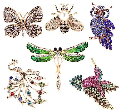 TsunNee Tier Gestalten Kristall Brosche, Kostüm Abzeichen, Libelle Schmetterling Kolibri Eule Pfau Biene Brosche, Kleidung Brosche zum Frau Mädchen Party Gefälligkeiten, 6 Stück