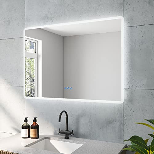 BORAS-Serie Badspiegel mit indirekte LED Beleuchtung 100x70 cm Badspiegel Eckig Beleuchtet Kaltweiß 6400K Beschlagfrei Antibeschlag beheizt Touch Schalter Dimmbar Memory-Funktion für Wandschalter