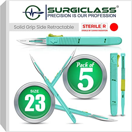 Surgical Scalpel Surgical Blades # 23 Surgical Steel Sterile ● Pack of 5 ● Retractable ● Perfect for wood art, Surgical, Sculpting, Repairs, Lab Anatomy, Sign, Card Making Lab Training SURGISID23-5