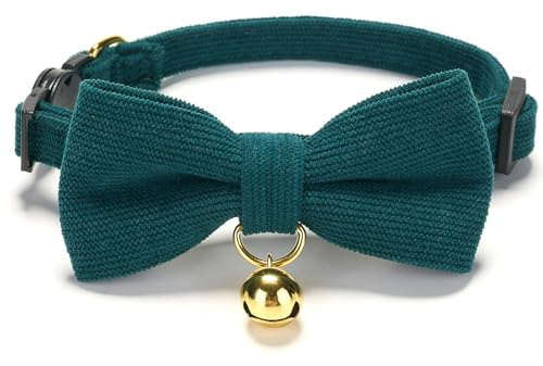 YUDOTE Ultra-Soft Breakaway Cat Collars, Small 19-28cm, Green 1 Pack | Comfortable cotton webbing for cats with sensitive skin, quick release safety buckle, removeable bow and bell, adjustable fit