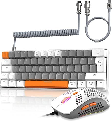 ZIYOU LANG Wired Gaming-Tastatur und Maus Combo mit Spiral USB-C Kabel T60 Pro - Kompakt 60% UK Layout(QWERTY) Mechanische Tastatur Linear Red Switch, 6400DPI Ultra-Light RGB Mäuse für PC/Mac - Biene