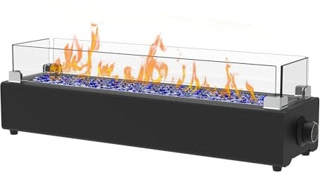 BAIDE HOME Braciere a propano da tavolo da 71,1 cm, 40.000 BTU, braciere a gas da tavolo per patio, caminetto portatile da esterno, braciere rettangolare con scudo in vetro antivento, rocce in vetro,