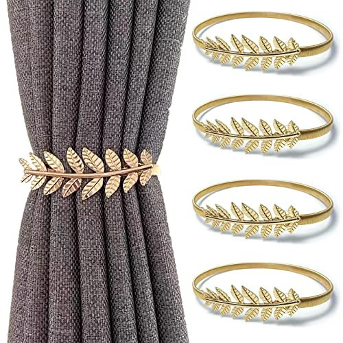 4 Pack Adjustable Gold Leaf Curtain Tie Backs, Elastic Alloy Curtain Straps, Spring Curtain Holdbacks with Leaves Design, Buckle Clips for Home Bedroom Window Decoration