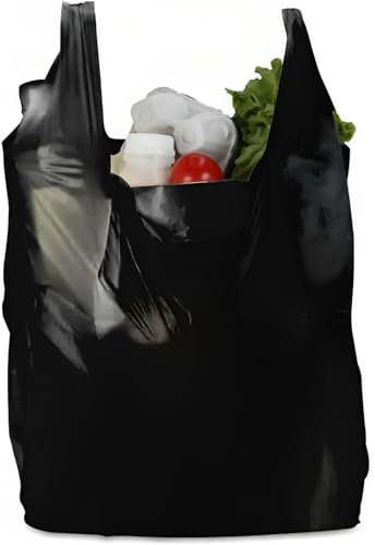 isupli 90 Pack of Black Vest Carrier Heavy Duty Plastic Bags Reusable 11 x 17 x 21 Inch for Grocery, Vegetables and Super Markets