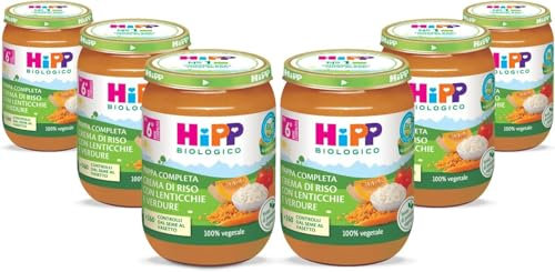 HiPP - Pappa Pronta Completa Bio, Crema di Riso con Lenticchie e Verdure, per Bambini, 100% Vegano, Senza Sale Aggiunto, 6 Vasetti da 190 gr