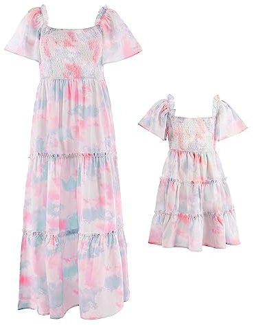 IMEKIS Robe assortie pour femme et fille - Épaules dénudées - Imprimé floral - Robe d'été - Famille - Tenue assortie - Parent - Enfant - Robe longue décontractée, rose clair, 4-5 Ans