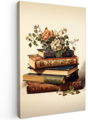 MuchoWow© Leinwand 40x60 cm Deko Schlafzimmer Aesthetic Leinwandbilder Wohnzimmer Gemälde Foto Geschenk Living Room Decoration Vintage - Bücher - Blumen - Weiß