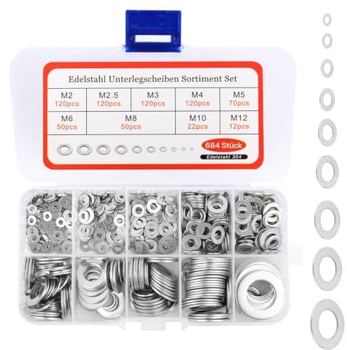 VFANDV Arandelas Metalicas, 684 piezas Arandelas para Bisagras de Puertas Acero Inoxidable Arandelas Planas Combinaciones de Arandelas en 9 Tamaños M2 M2.5 M3 M4 M5 M6 M8 M10 M12