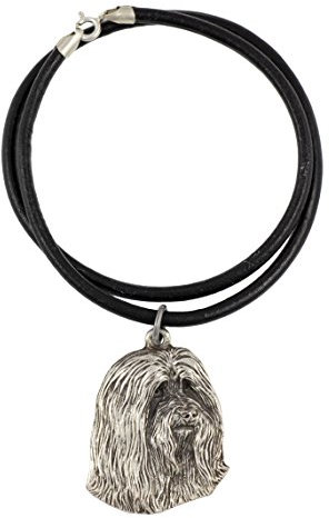 Art-Dog Hundekopf-Halskette auf Lederband - ArtDog Kollektion Hunde Halskette - Silberne Ketten mit Hundebildern - Schmuck mit Hunderassen - Bearded Collie