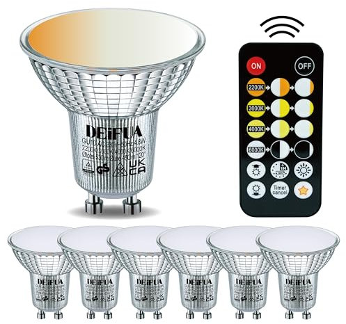 DEIFUA GU10 LED mit Fernbedienung, 4 Farbtemperaturmodi dimmbar, Extra Warmweiss/Warmweiss/Neutralweiss/Kaltweiss, 4.8W 530LM Ersetzt 60W, Dimmbar durch mit Fernbedienung, Mit Memory-Funktion,6er-Pack