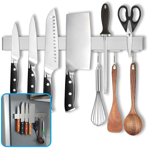 HomeSimplex 16 Inch Magnetic Knife Holder for Refrigerator - Knife Magnetic Strip for Fridge with Magnetic Hooks - Double Sided Magnetic Knife Bar - Stainless Steel Kitchen Magnetic Knife Hanger Rack