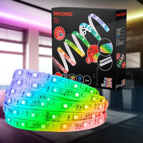 BRILONER – LED Stripe Erweiterungsset 4m LED Strip, IP44 Spritzwasserschutz, Dimmbar, Farbprogramme, buntes RGB, Warmweiß, Kürzbar, Outdoor, Streifen, Lichtleiste, Terrasse Deko