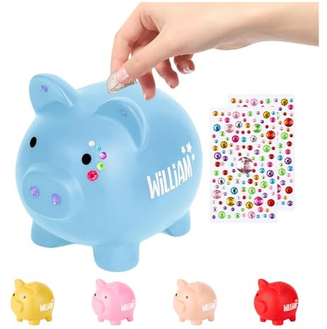 Sparschwein für Mädchen & Jungen, Sparschwein für Kinder,Unzerbrechliche Spardose, Spardose Personalisiert mit Namen Taufe, Kommunion, Konfirmation,Geburt(Blau)