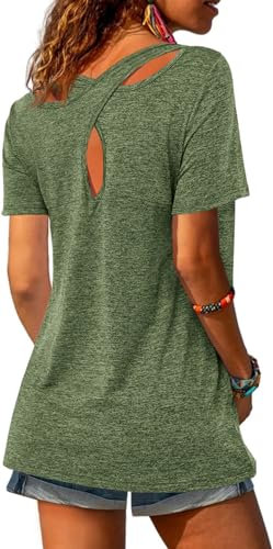 Fisoew Sportshirt Damen Fitness Kurzarm Yoga T-Shirt Leicht Gym Sport Oberteile Locker(A-Armee grün,L)