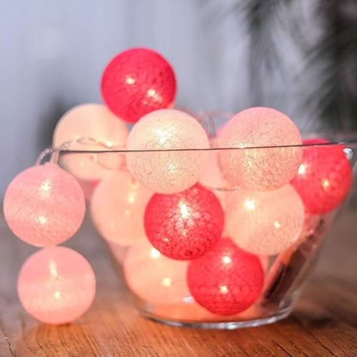 HOTUT Baumwollkugeln Lichterkette, 3,3 m Cotton Ball Lichterkette, 20 LED Kugeln USB, Bunte Kugel, LED für Kinderzimmer Schlafzimmer Weihnachten Hochzeit Party (Rosa)