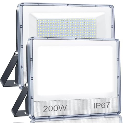 ANNIFUNLY Focos Led Exterior, 200W 20000LM Focos LED Floodlight 6500K Blanco Frío, IP67 Impermeable Proyector LED Exterior, Luces Led Exterior para Jardín, Garaje, Terraza, Patio,Trasero, 2PC