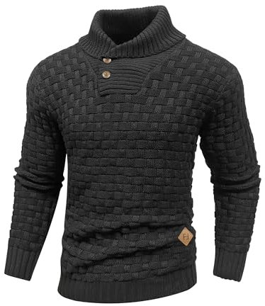 HYPESTFIT Mens Knitted Sweater Crew Neck Warm Long Sleeve Pullover Textured Ribbed Edge Top Black L