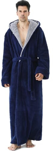 PUTUO Men's Robe Dressing Gown: Long Luxury Warm Winter Fluffy Fleece Hooded Bathrobe - Full Length Cosy Soft Thick Thermal Winter Housecoat for Christmas Gifts Navy blue XXL 1 Pack