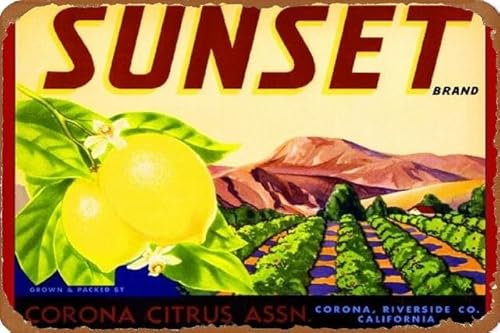 Corona Riverside County Sonnenuntergang Zitrone Zitrusfrucht Kiste Label Kunstdruck Wandkunst Blechposter Retro Metallschild 20 x 30 cm für Zuhause, Garage, Männer, Höhle, Büro, Bar, Heimdekoration