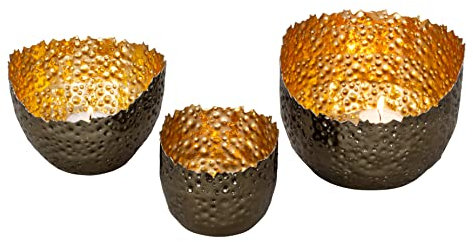 3er Set Teelichthalter Windlicht in moderner Form schwarz/Gold aus Metall H 8+10+12cm D 9,5+13+16cm