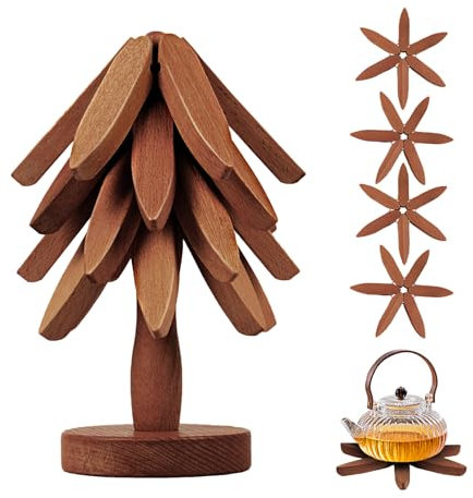 Salvamanteles Ollas Calientes Madera, Salvamantele De Madera Arbol Posavasos Natural 5 Salvamanteles + 1 Soporte Almacenado como Un áRbol De Navidad para Platos, Sartenes, Tetera