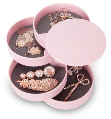 4-lagiges Dreh-Schmuckkästchen mit Deckel | Schmuckorganizer für Ohrringe, Ringe & Ketten | Reise-Jewelry-Box (10x10cm) – Geschenk für Frauen(A-rosa)