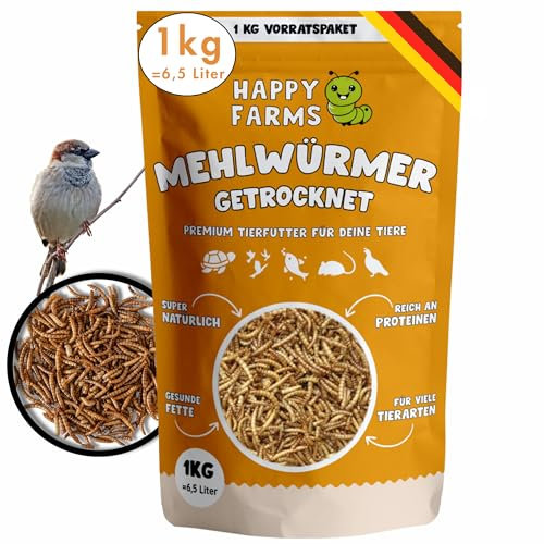 HappyFarms Getrocknete Mehlwürmer – 1kg proteinreiches Naturfutter für Wildvögel, Igel & Nager