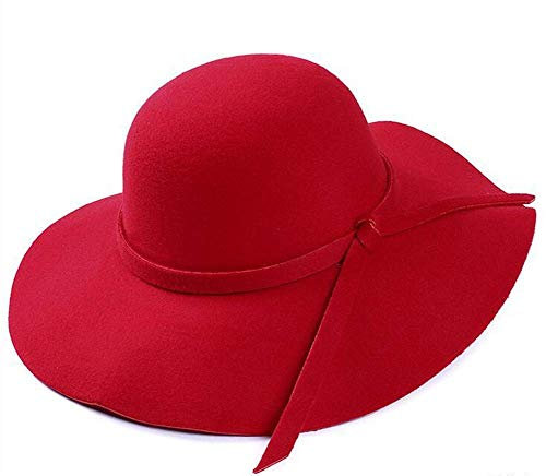YILEEGOO Women Wool Felt Floppy Hat Fedora Wide Brim Cloche Bowler Hat Boho Hat Bowler with Ribbon (Red, ONE Size)