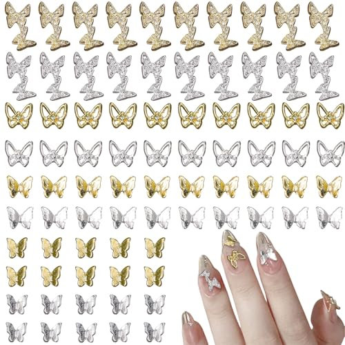 Butterfly Nail Charms, 80 Pcs 3D Butterfly Nail Charms Gold Silver Y2k Nail Art Charms Nail Jewels for Nail Art Design Decoration Jewellery Making