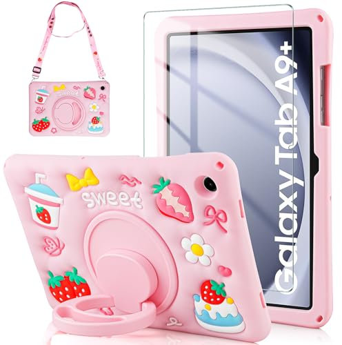 Vunake for Galaxy Tab A9 Plus Case 11 Inch 2023 for Kids Girls Heavy Duty Shockproof Cover with 360°Rotating Stand & Shoulder Strap Cute Cases for Samsung Galaxy Tab A9+ Case Pink
