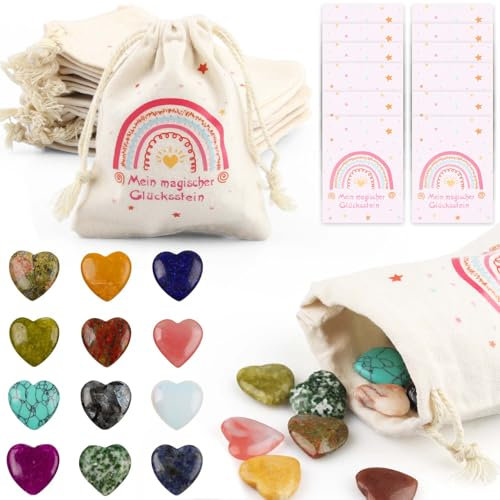 12er Glückssteine für Kinder, Kindergeburtstag Mitgebsel mit Edelsteine Jutesäckchen und Magische Steine Kärtchen, Give Away für Taufe Kommunion Hochzeit oder Wichtelgeschenk, Glücksbringer Kinder (B)