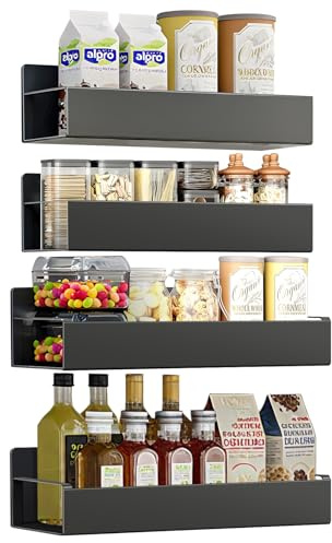 Magnetic Spice Rack for Fridge, No Drilling Kitchen Magnetic Storage Shelf, Magnet Spice Organizer for Kitchen Organization and Storage, Black, 4 Pack
